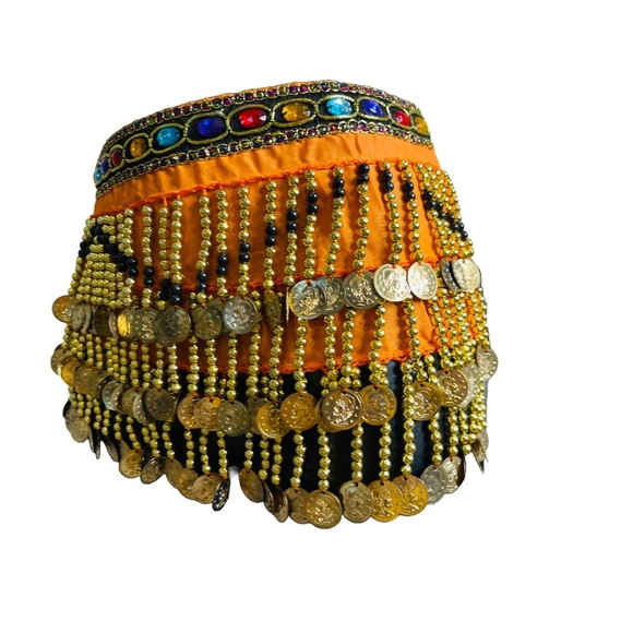 Belly Dance Hip Wrap Vibrant Orange with Gold Coins and Colorful Gems - Picture 2 of 3